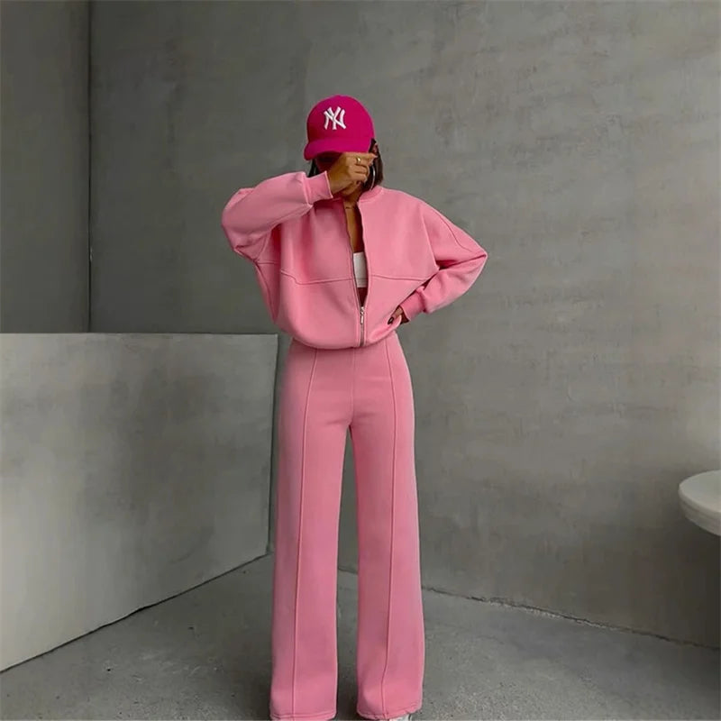 2026 Sweatshirt Two-piece Suit Women's Casual Sets Loose Zipper-up Short Jacket Tops Straight Trousers Sports 2-piece Sets Lady