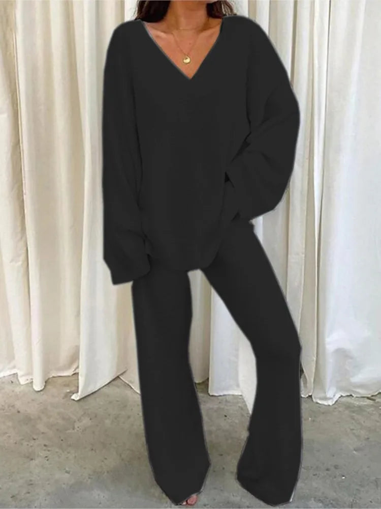 Autumn Winter Women's Comfortable Tracksuits Casual V-Neck Long Sleeve Pullover And Pants Warm Two Piece Set Women Fashion Sets