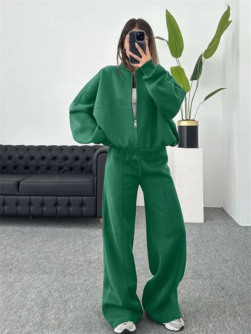 2026 Sweatshirt Two-piece Suit Women's Casual Sets Loose Zipper-up Short Jacket Tops Straight Trousers Sports 2-piece Sets Lady