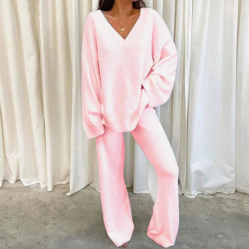 Autumn Winter Women's Comfortable Tracksuits Casual V-Neck Long Sleeve Pullover And Pants Warm Two Piece Set Women Fashion Sets