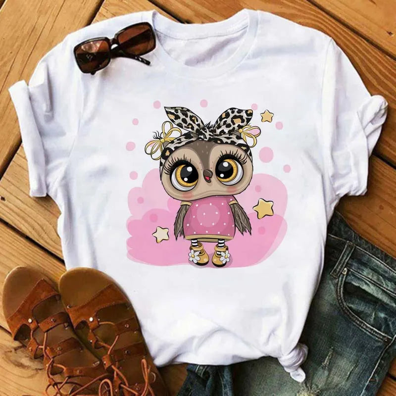 Maycaur Cartoon Owl Print T Shirt Women Kawaii Graphic Shirts Casual Short Sleeved Black Female Tee O-neck Harajuku T-shirts
