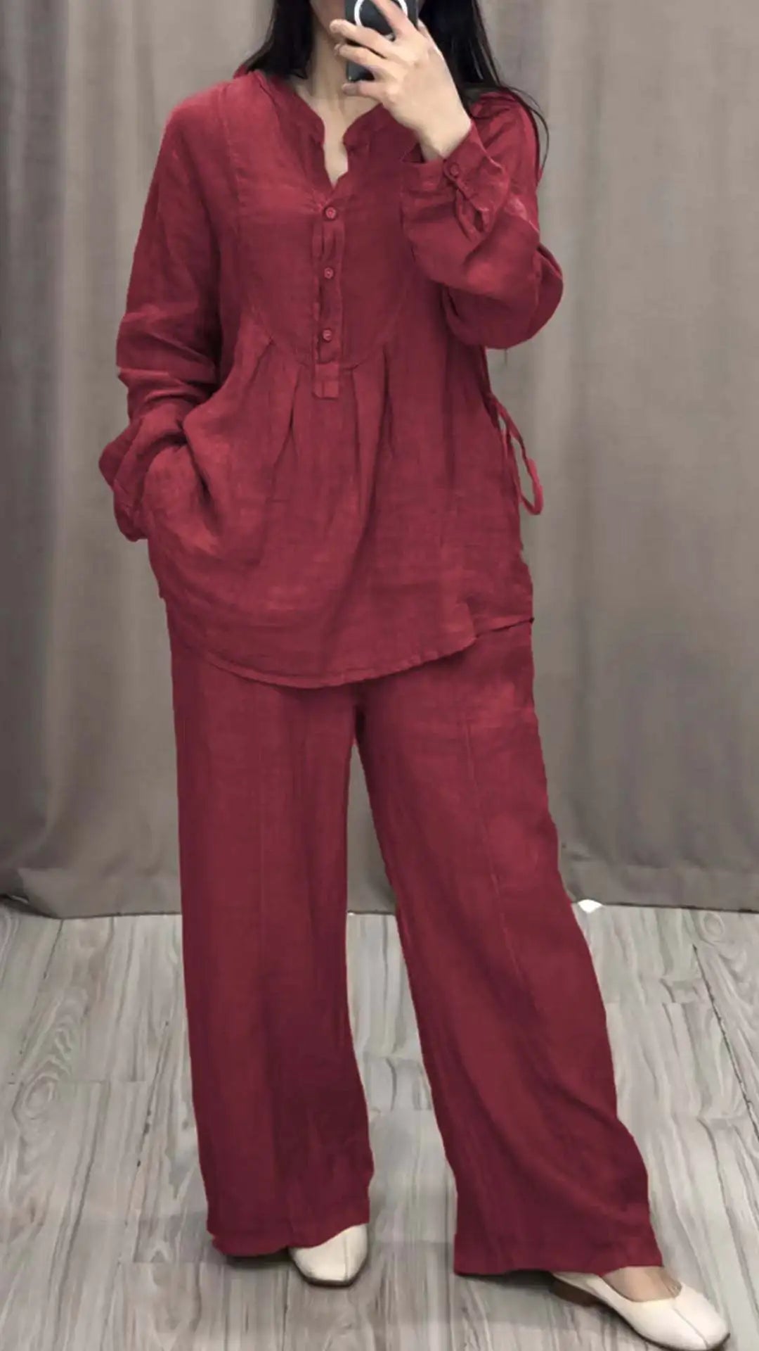 Fashion Women's Spring Autumn Two Piece Sets Casual Long Sleeve Pocket Shirts Loose Solid Color Wide-leg Pants Suit Women