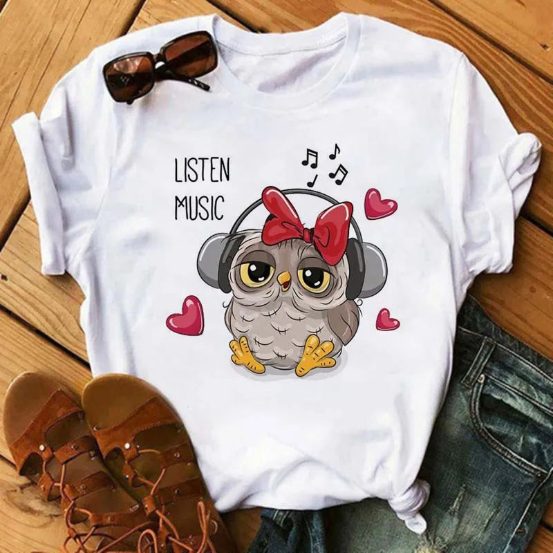 Maycaur Cartoon Owl Print T Shirt Women Kawaii Graphic Shirts Casual Short Sleeved Black Female Tee O-neck Harajuku T-shirts