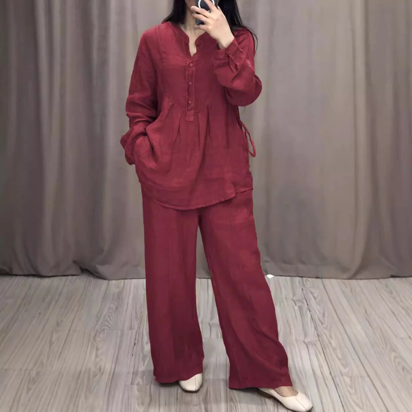 Fashion Women's Spring Autumn Two Piece Sets Casual Long Sleeve Pocket Shirts Loose Solid Color Wide-leg Pants Suit Women