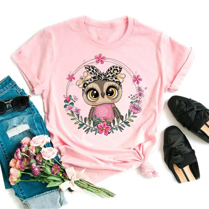 Maycaur Cartoon Owl Print T Shirt Women Kawaii Graphic Shirts Casual Short Sleeved Black Female Tee O-neck Harajuku T-shirts