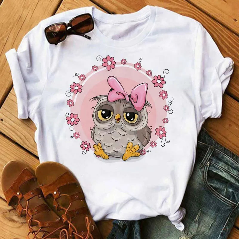Maycaur Cartoon Owl Print T Shirt Women Kawaii Graphic Shirts Casual Short Sleeved Black Female Tee O-neck Harajuku T-shirts