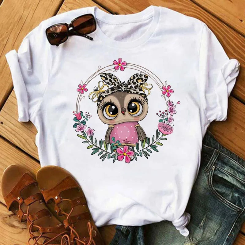 Maycaur Cartoon Owl Print T Shirt Women Kawaii Graphic Shirts Casual Short Sleeved Black Female Tee O-neck Harajuku T-shirts