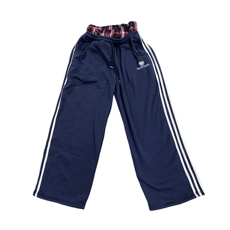 Women's Spring Checkered Double-Waisted Casual Pants Loose Street Fashion Sweatpants with Letter Embroidery