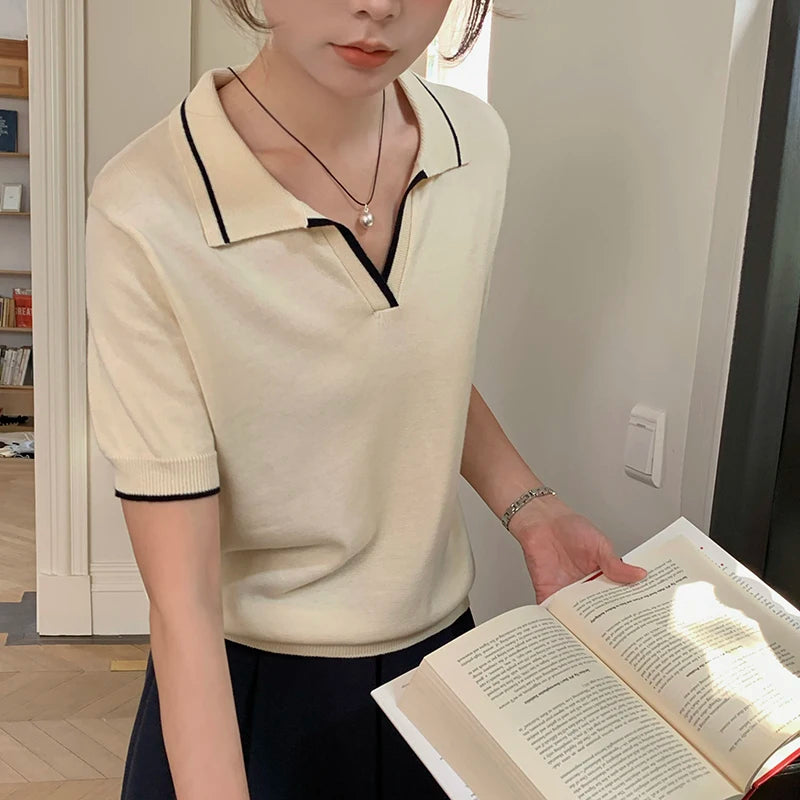 Summer 100% cotton women's T-shirt casual striped knit pullover short sleeved loose POLO collar Tees Pull luxury brand Tops